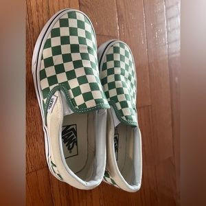 Green and white checkered slip on vans